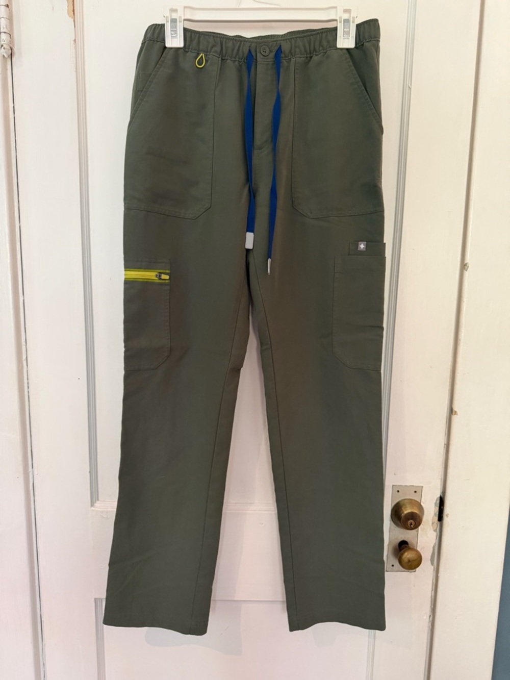 Figs Men Cairo Cargo Scrub Pants in Moss Green with Yellow Accent